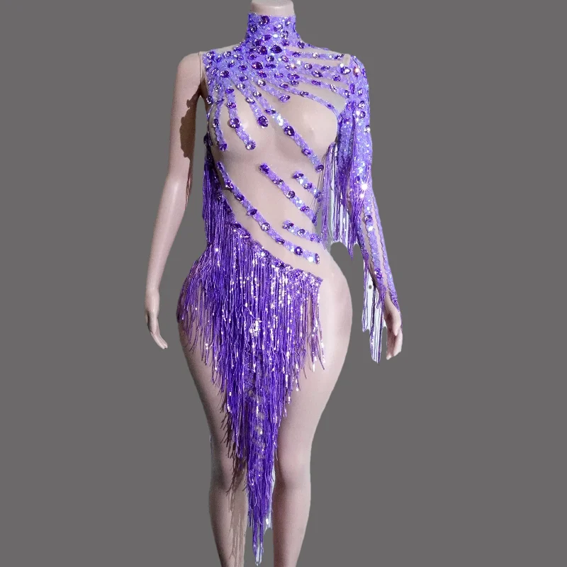 

Sexylong Sequins sleeves Fringes Bodysuit for Women DS Sexy Performance Dance Costume Singer Dancer Stage Wear Nightclub Outfit