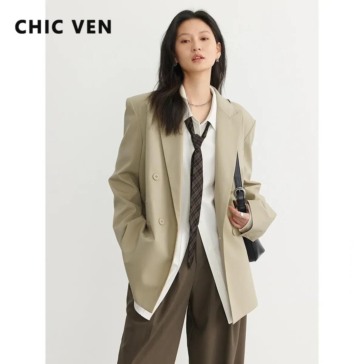 CHIC VEN Fashion Women\'s Blazer Double-breasted Jacket Coat Official Lady Tops Woman Cloth Female Outerwear Spring Autumn 2023