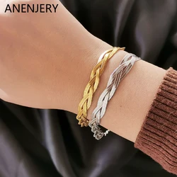 ANENJERY 316L Stainless Steel Tricolor Braided Bracelet for Women Snake Bone Chain Party Ornaments