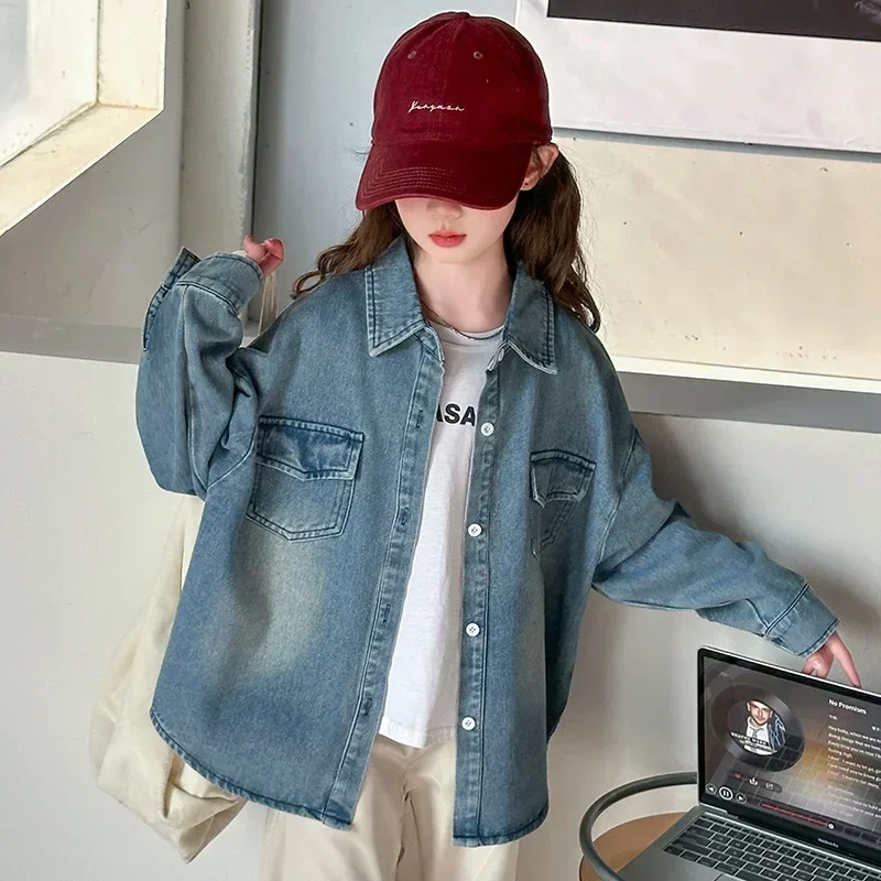 Kids jacket for Girls clothes Spring and Autumn Korean Casual Denim Shirt Junior High School Foreign Style Children's Tops