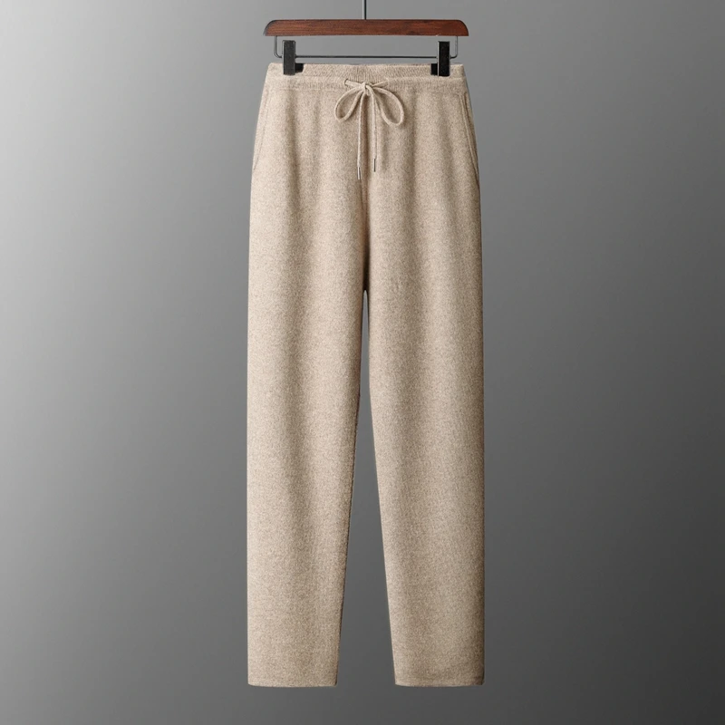 

Men's 100% Merino Wool Elastic Waisted Straight Leg Pants Casual Business Winter Thick Warm Knitted Men's Trousers