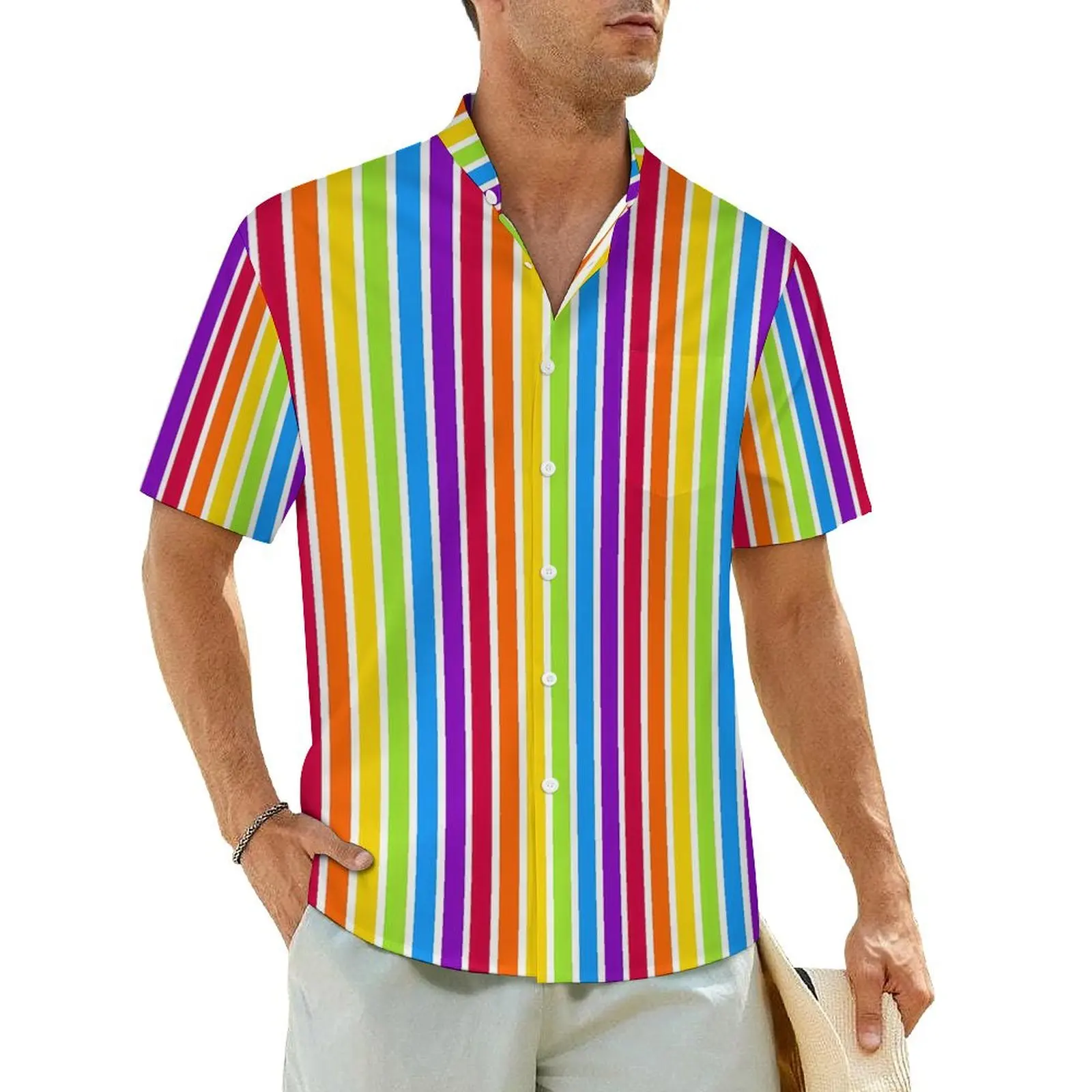 

Rainbow Stripes Hawaiian Shirt For Mens Beach Bright Colorful Casual Shirts Short-Sleeved Streetwear Vintage Plus Size Blouses