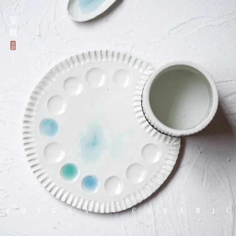 Multifunctional Ceramic Art Set, Paint Palette Brush Washer Ink Dish for Chinese Painting Gouache