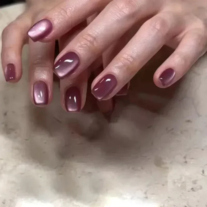 24 pçs roxo olho de gato unhas falsas cabeça quadrada unhas de balé francês imprensa curta em unhas wearable cobertura completa acrílico dicas de unhas falsas