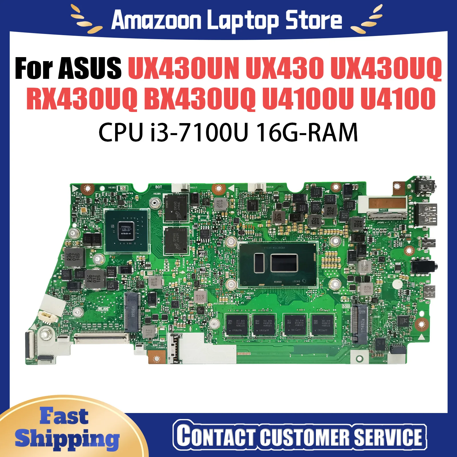 UX430UNR i3-7100U CPU 16G RAM Mainboard For Asus ZenBook UX430 UX430UQ RX430UQ BX430UQ U4100U U4100 Laptop Motherboard