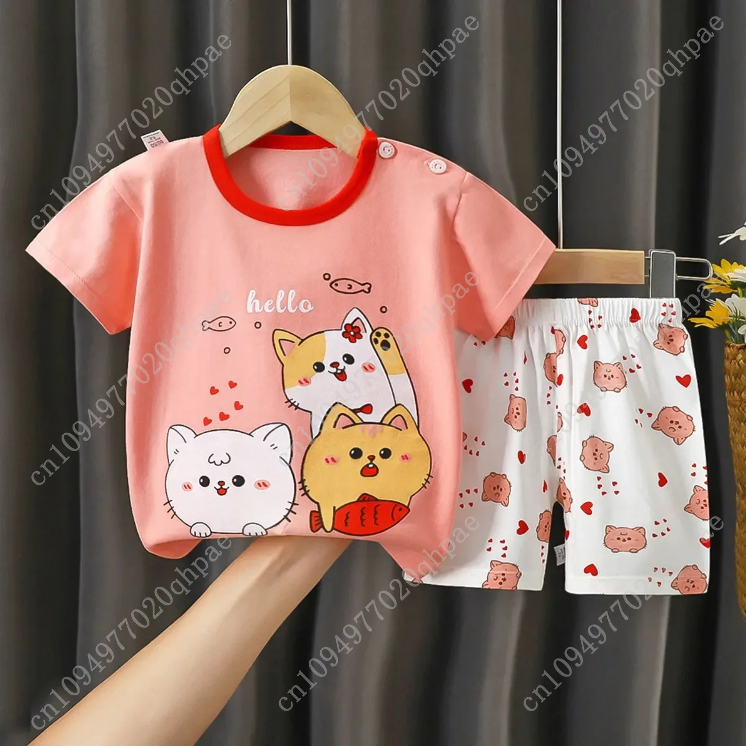 2025 جديد أطفال بنين بنات الصيف منامة لطيف الكرتون طباعة تي شيرتات قصيرة الاكمام بلايز مع السراويل طفل رضيع مجموعة ملابس