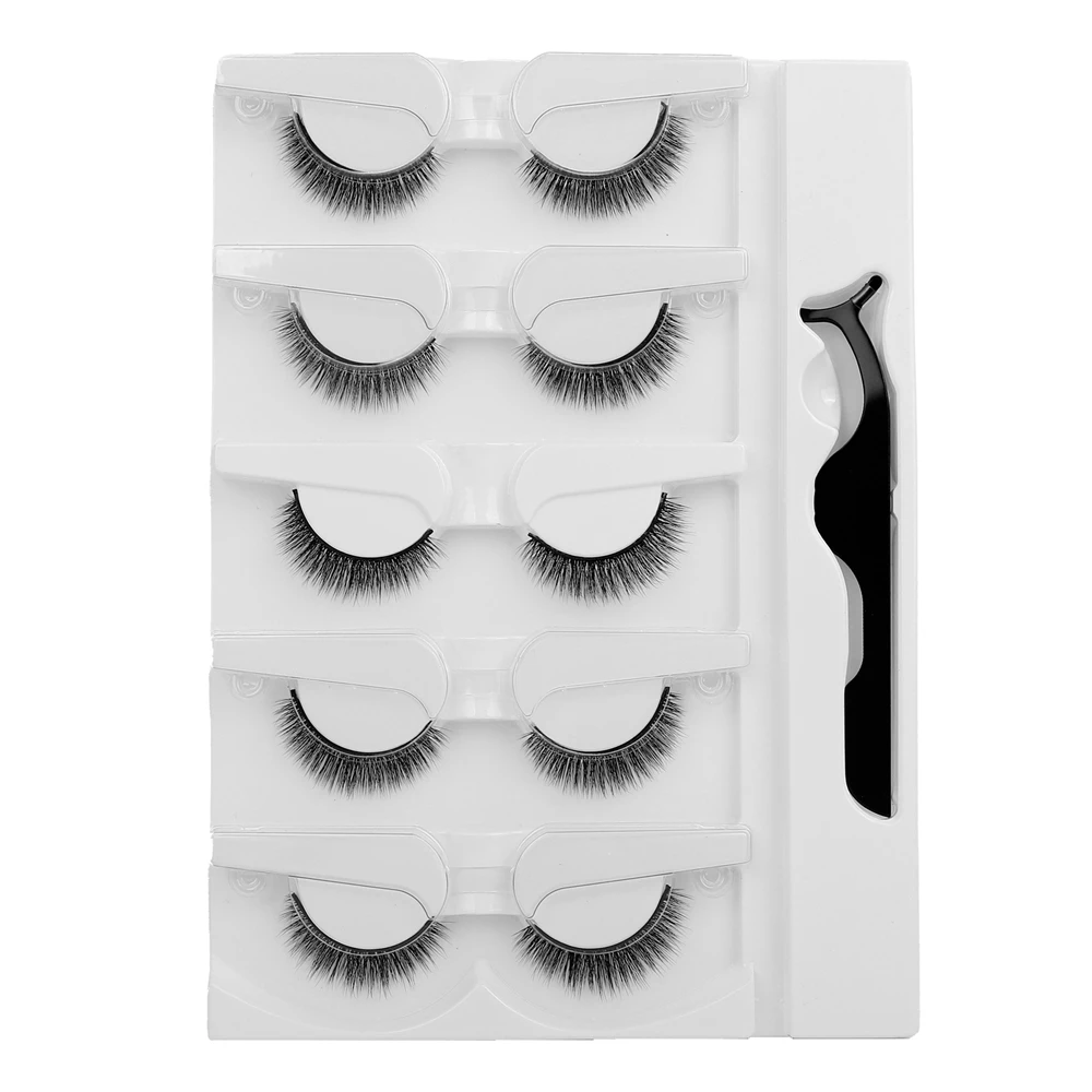 5 Pairs-Reusable Self-adhesive False Eyelashes with Tweezer Waterproof Adhesive Tape Eye Lashes to Wear No Glue Needed Natural