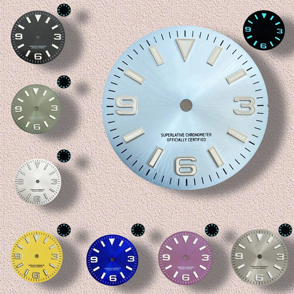 

28.5mm S Logo Ex plorer Sunburst Dial Fit NH35/NH36/4R/7S Movement Ice Blue Luminous high-Quality Watch Modification Accessories