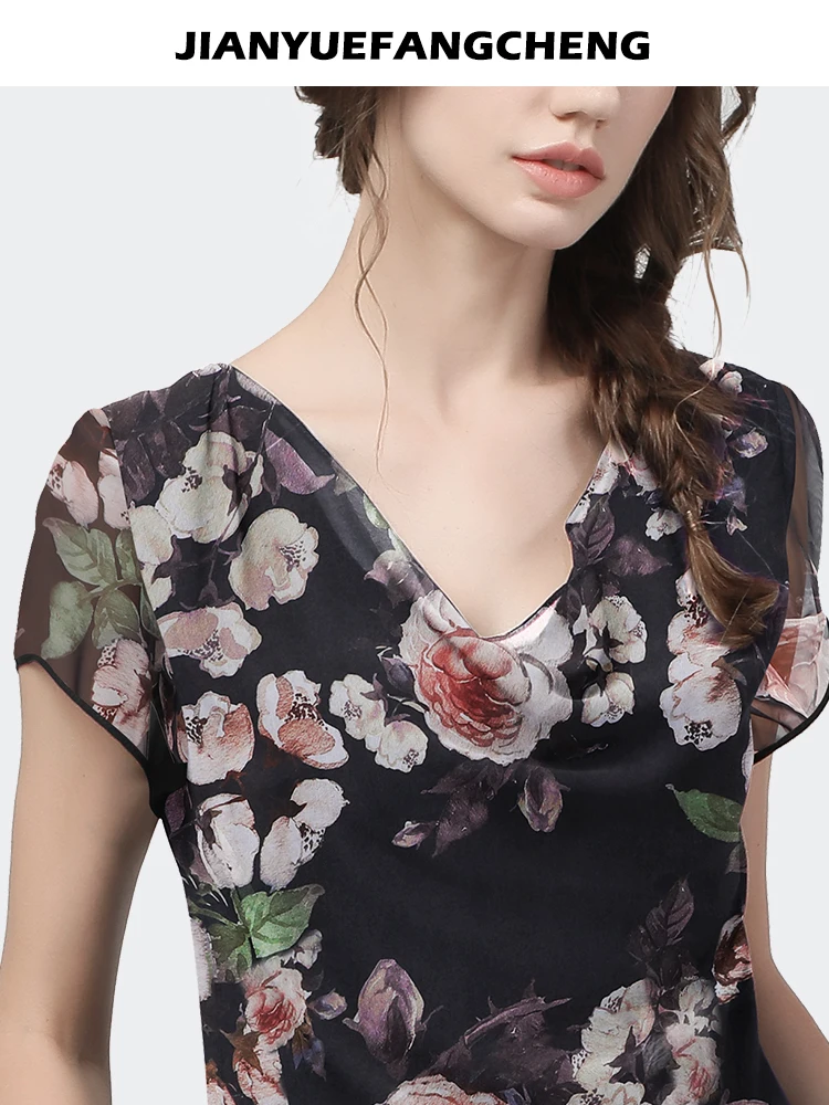 Vintage Floral Printed Women Short Sleeve Chiffon Blouse 2023 Summer New Elegant Slim Swimming V-neck Casual Tops