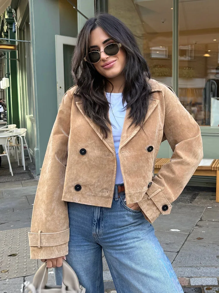 

HH женские осенние короткие пальто с отложным воротником и длинными рукавами в уличном стиле, женская модная двубортная дизайнерская куртка с карманами