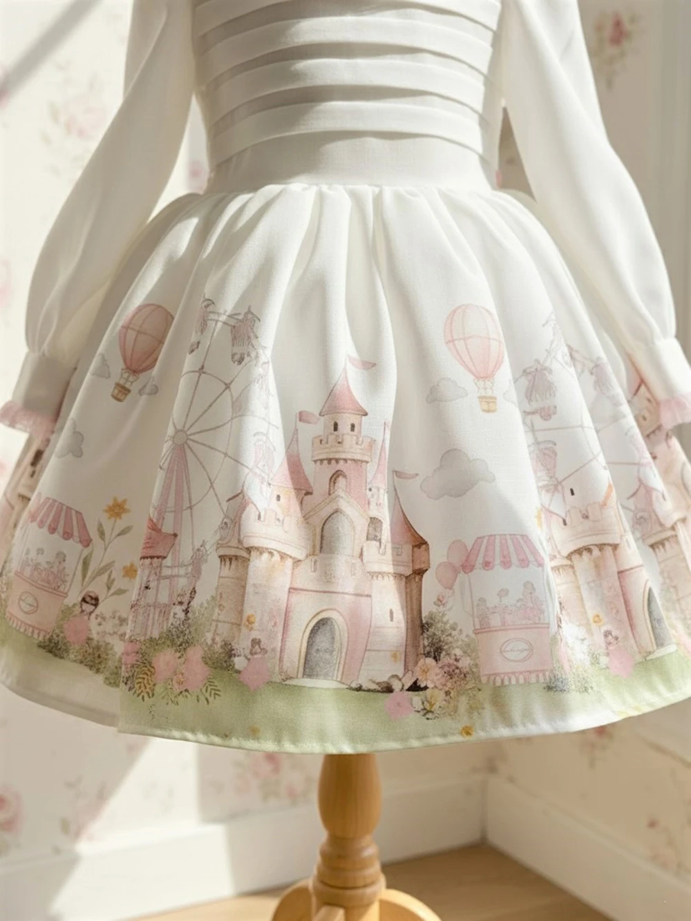 Autumn Baby Girl  Sweet Castle Balloon Print Pink Mesh White Puffy Dress For Casual Party Birthday Wedding Photography