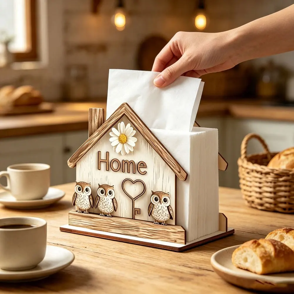 1 Piece 2D Flat Cottage-Style Owl Wooden Napkin Holder, Daisy Heart Key Owl Family Design Tissue Box, Dining Table Napkin Dispenser, Kitchen Tabletop Napkin Storage Box, Halloween and Christmas Gift