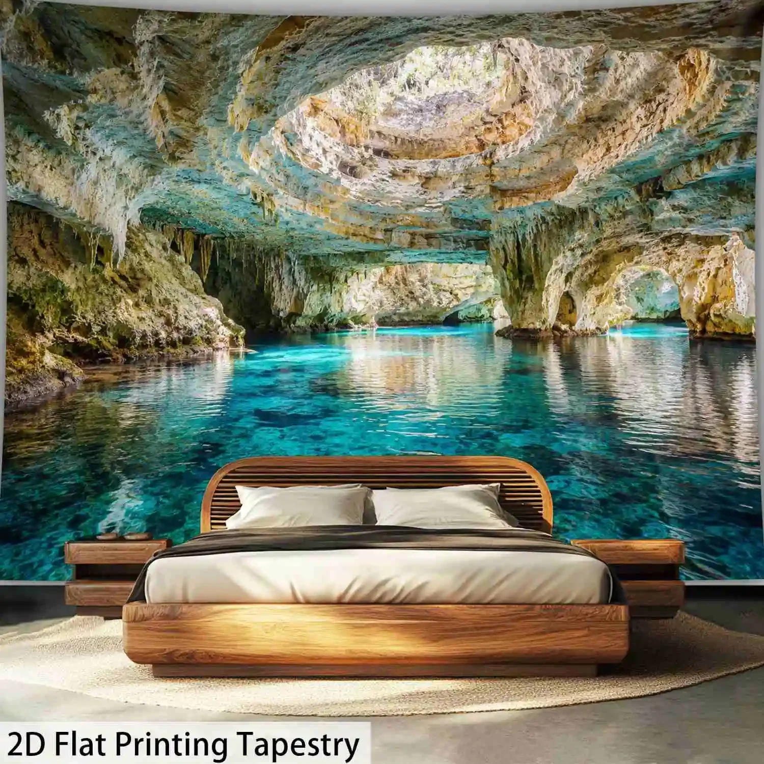 Vivid Blue Cave Tropical Lagoon Mural Wall Flag Waterproof Indoor Decoration for Bedroom Living Room