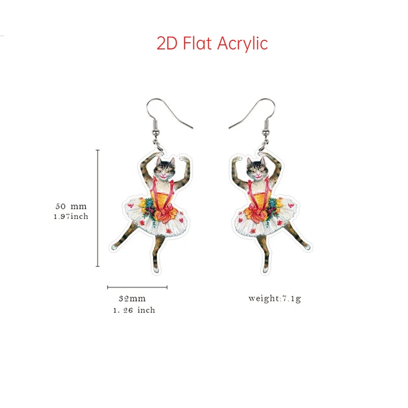 Cute Vintage Musician Cat 2D Flat Acrylic Drop Earrings Ballet Dancer Guitar Banjo Cat Dangle Earrings Jewelry Gift for Women