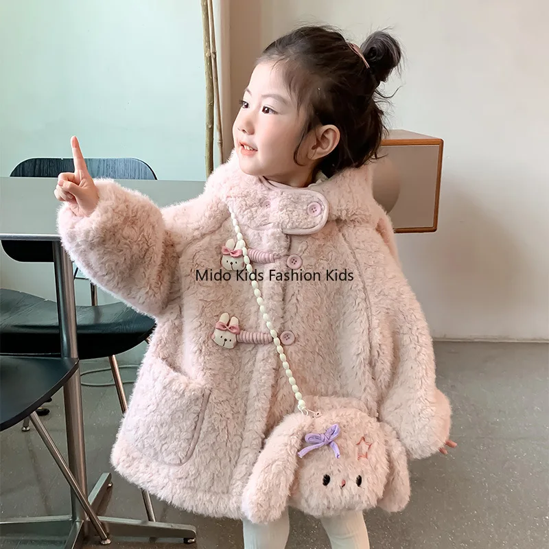 Girls' Winter Coat  Style Fashionable Baby Girl Wool Sweater Children's Shearling Fleece Autumn-Winter Top with Free Handbag