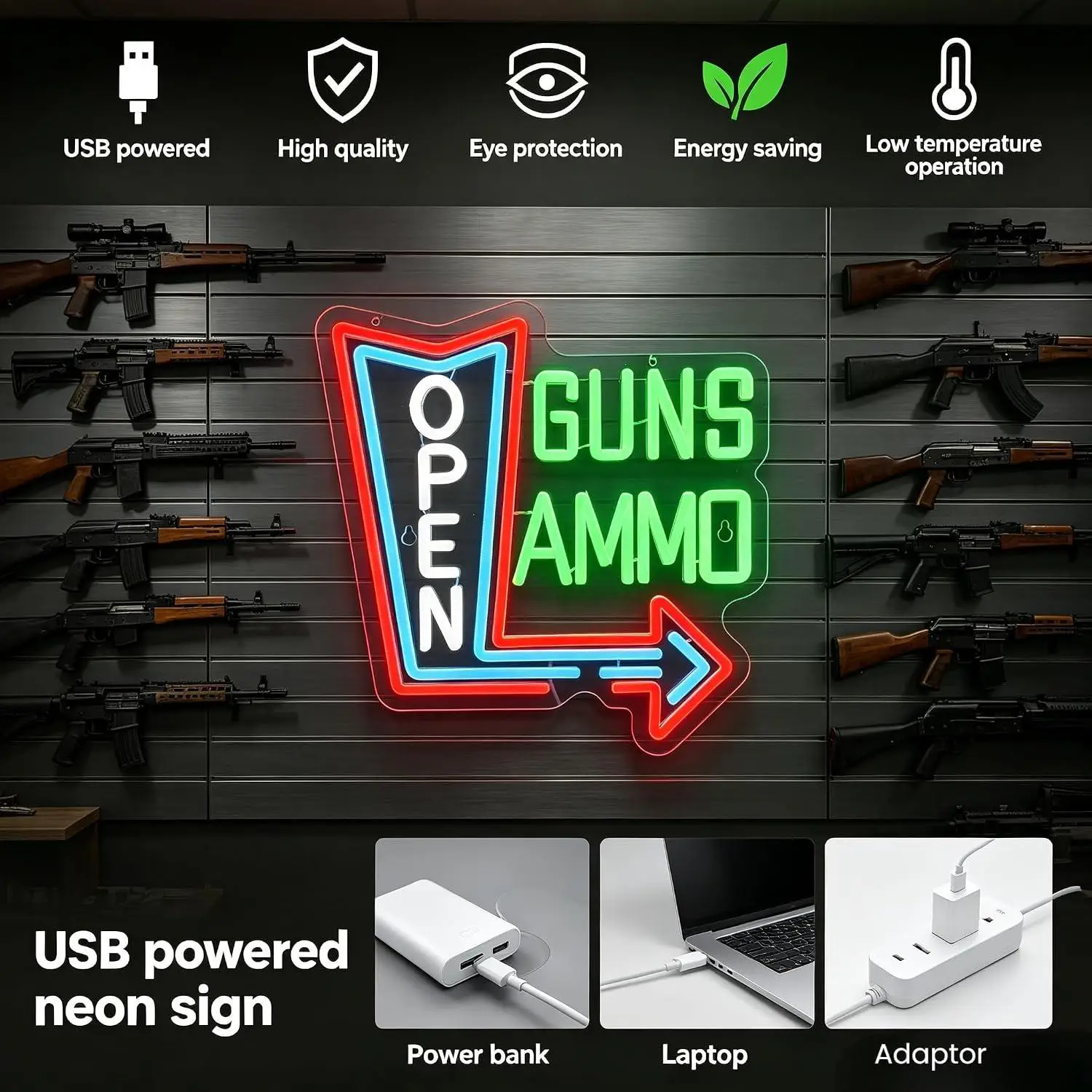 Guns Ammo Open Neon Sign Vintage Western Led Neon Light For Gun Store Ammo Shop Man Cave Gun Room Shooting Range Decor