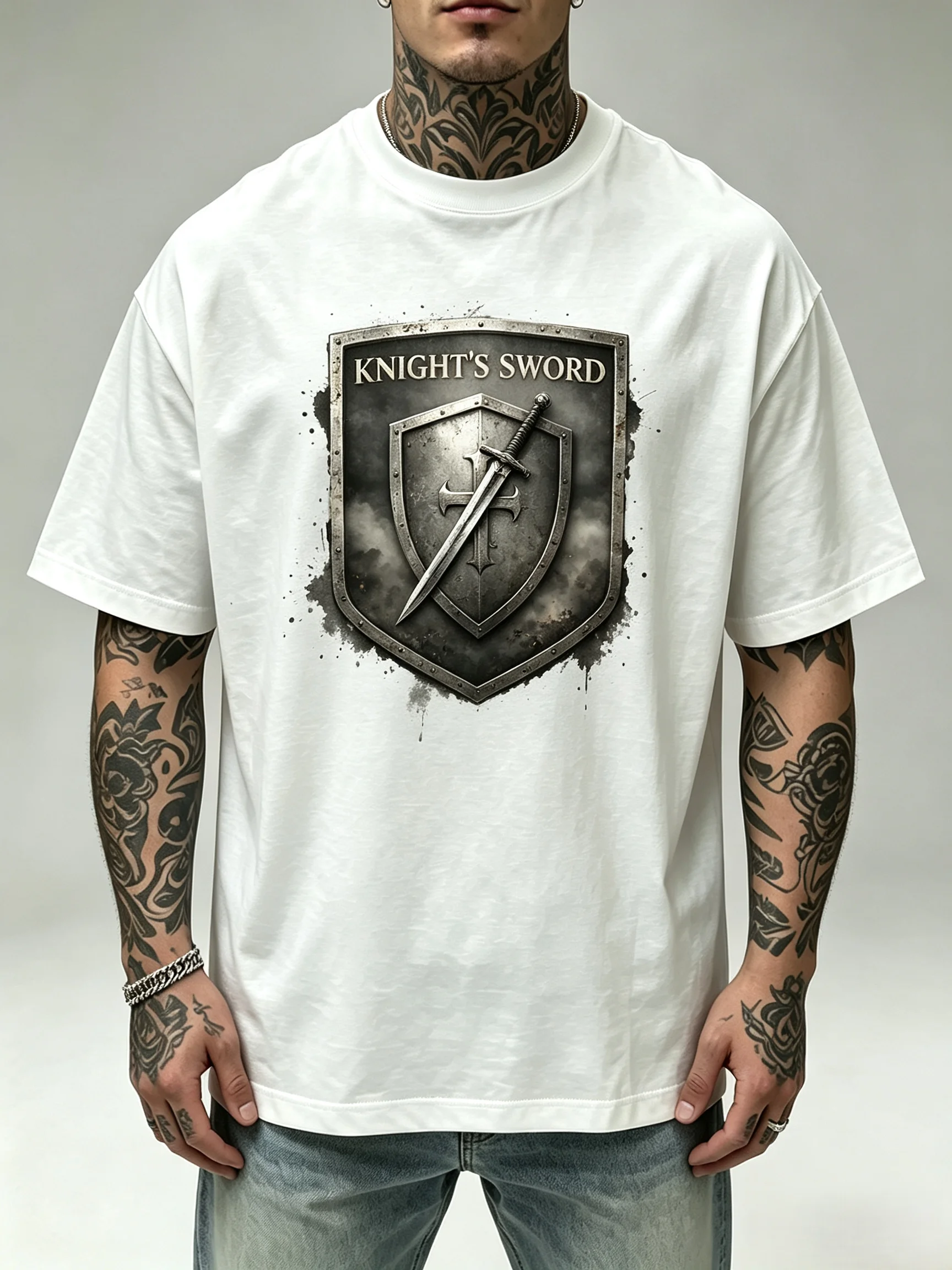 Unisex Vintage Knight Sword Shield T Shirt Men Women Medieval Warrior Graphic Oversized T-shirt Casual Streetwear Short Sleeve Tees