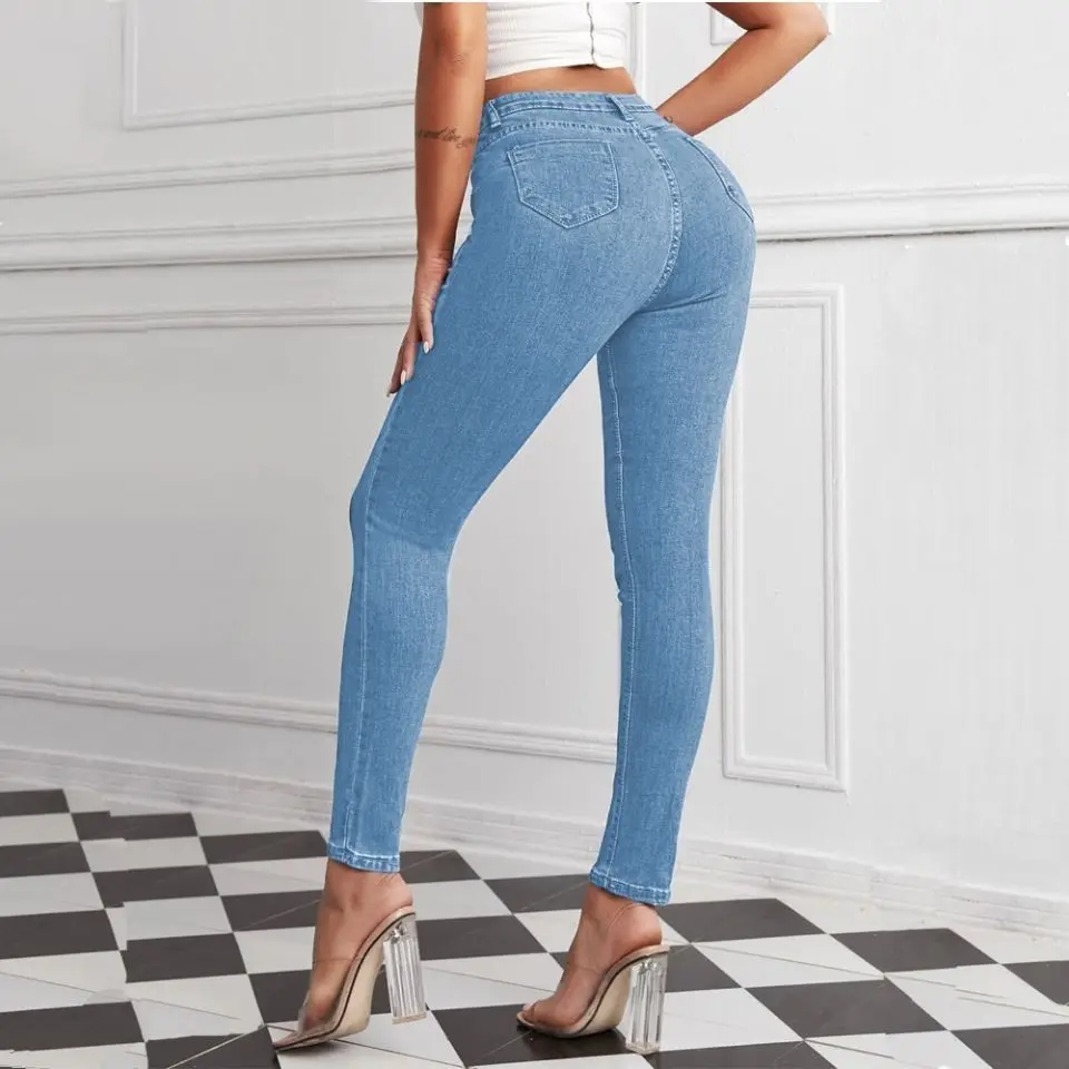 Faion-pantalones vaqueros elásticos para mujer, pantalones informales de talla grande, cintura alta, algodón, cremallera, Princ Sle, ajustados, levantamiento de trasero, pantalones con pluma