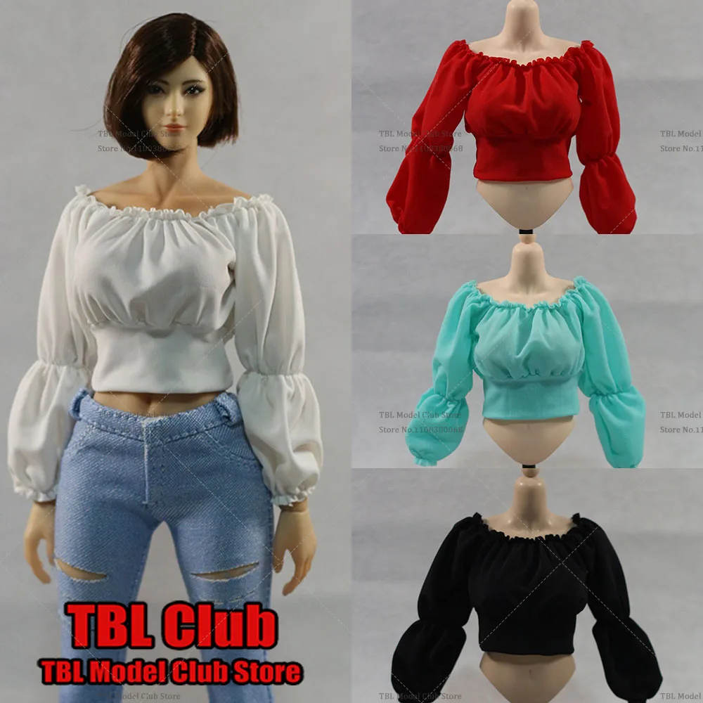 

DMTOYS 1/6 Solid Fashion Elegant White Balloon Sleeve Women Tops Japanese Rose Flower Splicing Shirts for 12'' Action Figure