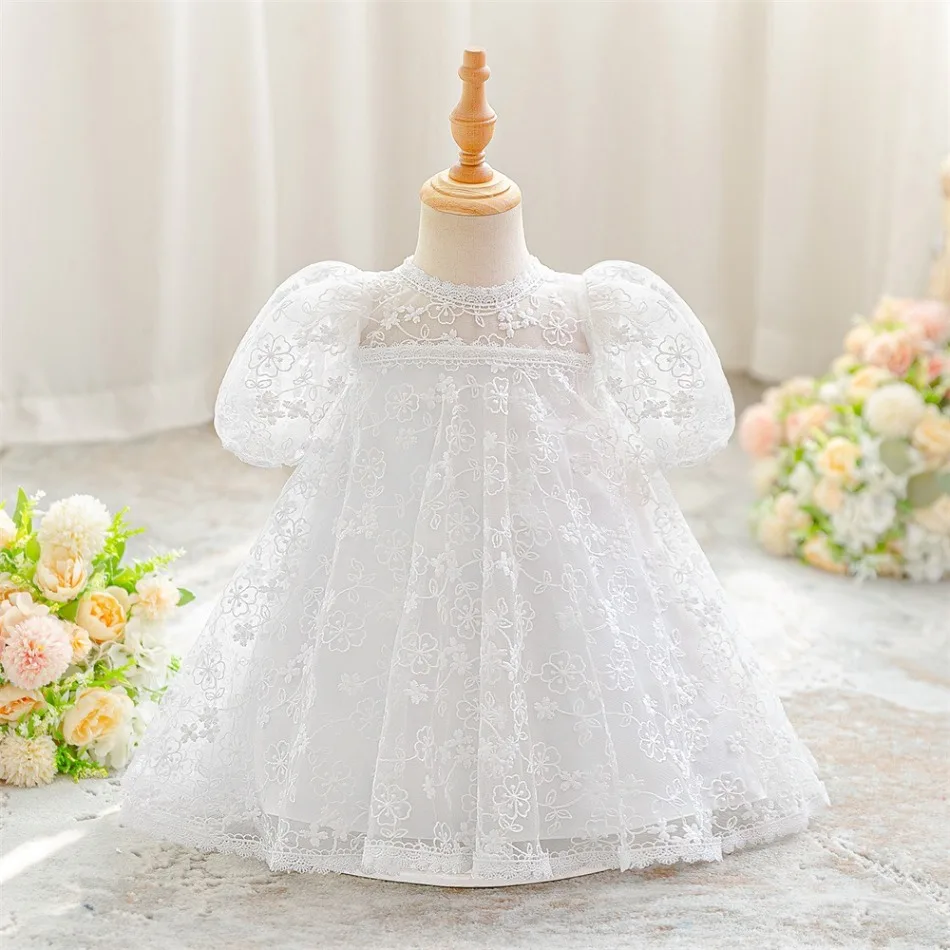 Baby Girls White Lace Baptism Dress with Puff Sleeves Embroidered Floral Gown for Christening Special Occasions Ceremonies ASQ03