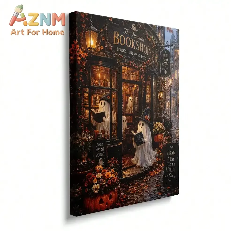 Vintage Haunted Bookshop Framed Canvas Wall Art Halloween Ghost Pumpkin Canvas Painting Spooky Living Room Wall Decor
