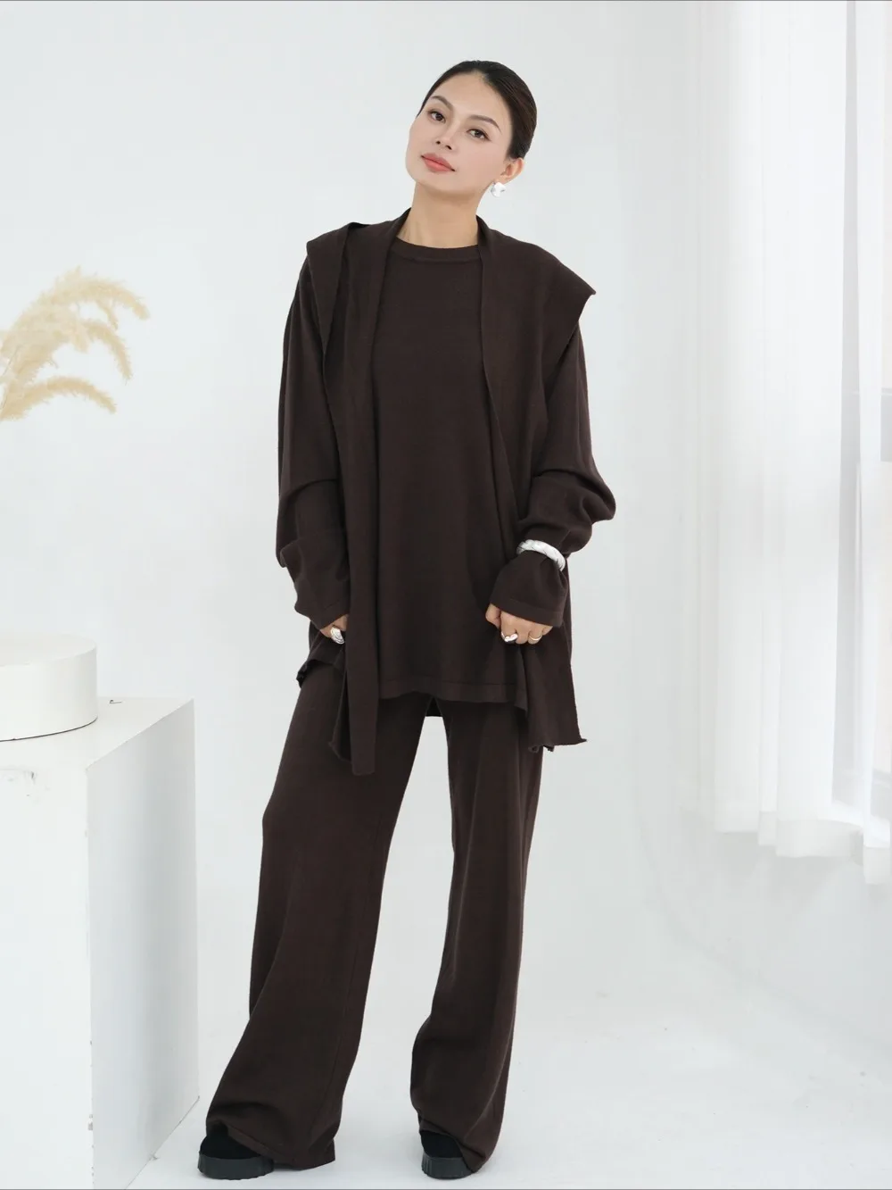 

Зимний свитер, комплект из двух предметов, женский пуловер, джемпер, вязаные комплекты брюк, эластичный широкий брючный костюм, свободный вязаный мусульманский ансамбль 2025