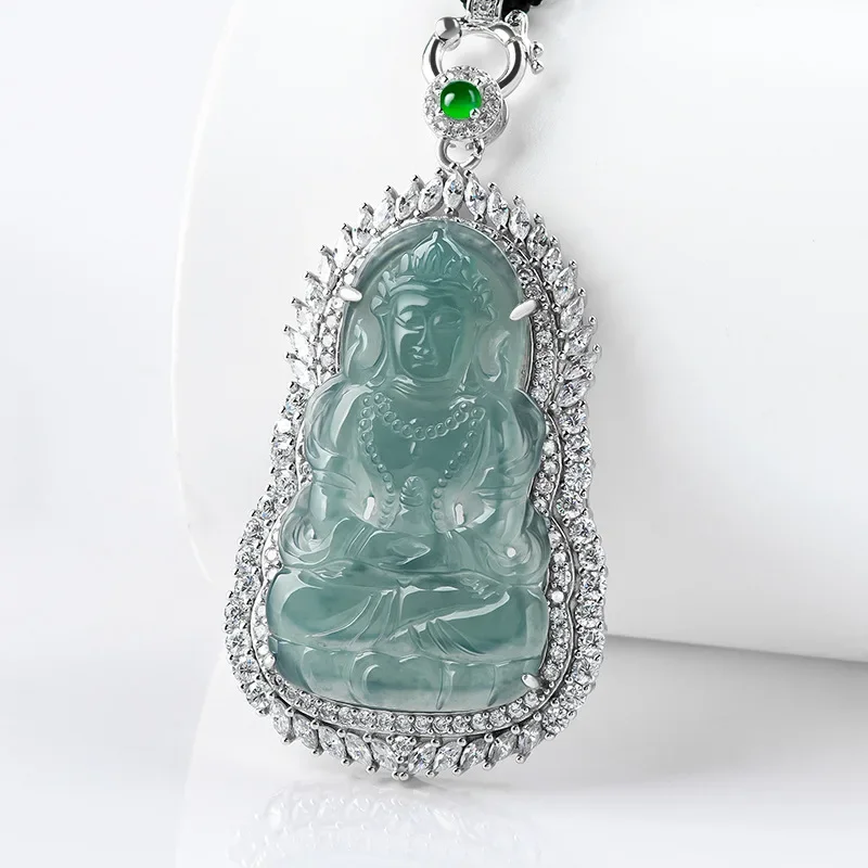 

Natural jade blue water Tara Guanyin s925 silver luxury inlaid ice jadeite pendant Men's Women's necklace jewelry drop shipping