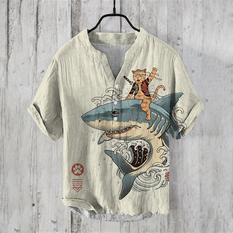 

Summer Casul Shirts Short Sleeve Print Men Clothing Vintage Clothes Henry Shirt Tops Mens Clothing 2024 Men's Offer Cardigan