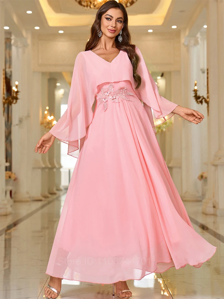 2024 New Pink Chiffon Boho Dress Spring Summer Long Sleeve Prom Evening Women Elegant Fashion Midi Dresses Vestidos De Fiesta