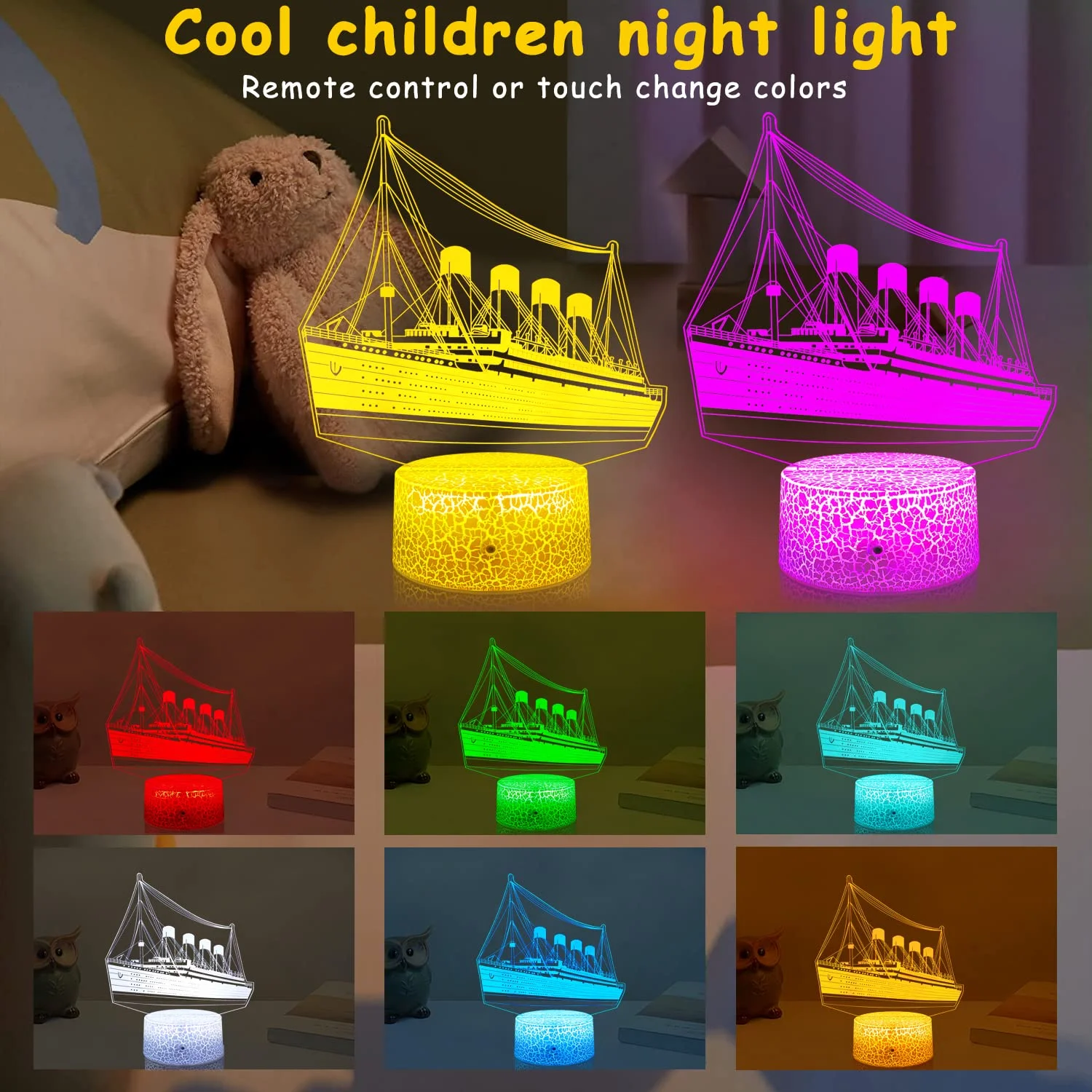 Titanic Night Light for Kids 3D Illusion Ship Model Lamp 16 Colors Changing Kids Room Bedside Decor Light as Birthday Gifts