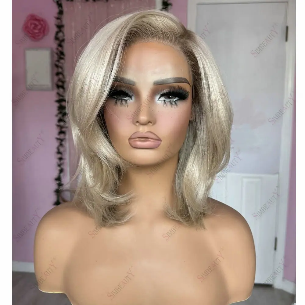

Platinum Blonde Ombre Glueless Full Lace Wig Short Bob Natural Straight Human Hair Wigs for Women European Hair 13x6 Lace Wig