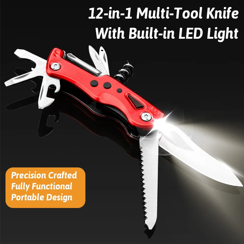 12-in-1 Multi-Tool Knife with LED Light Razor Sharp Stainless Blade Built-in Screwdrivers Bottle Opener Compact EDC for Survival