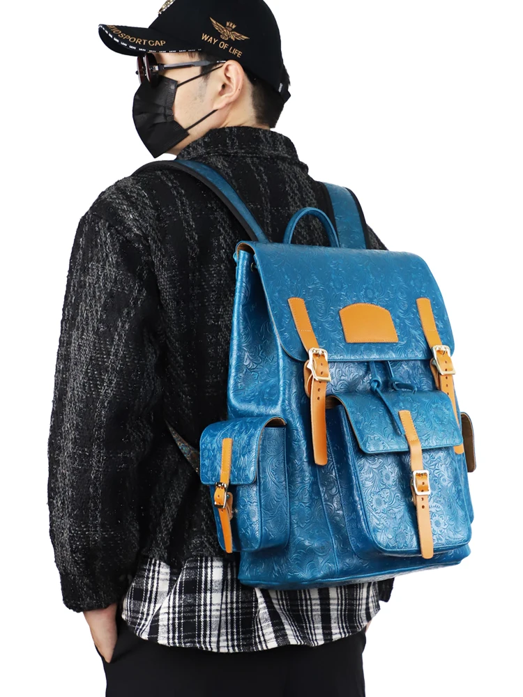 Designer Model Genuine Leather Men's Backpack Handmade First Layer Cowhide Fashion Leisure Travel Large-Capacity Backpack