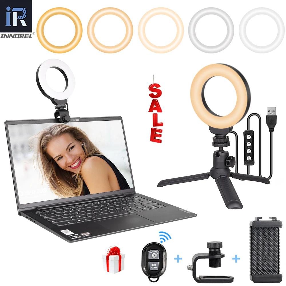 

INNOREL 4“ Bi-Color LED Video Ring Light USB Remote Control Soft Fill Light with Mini Tripod for Video Conference Live Streaming