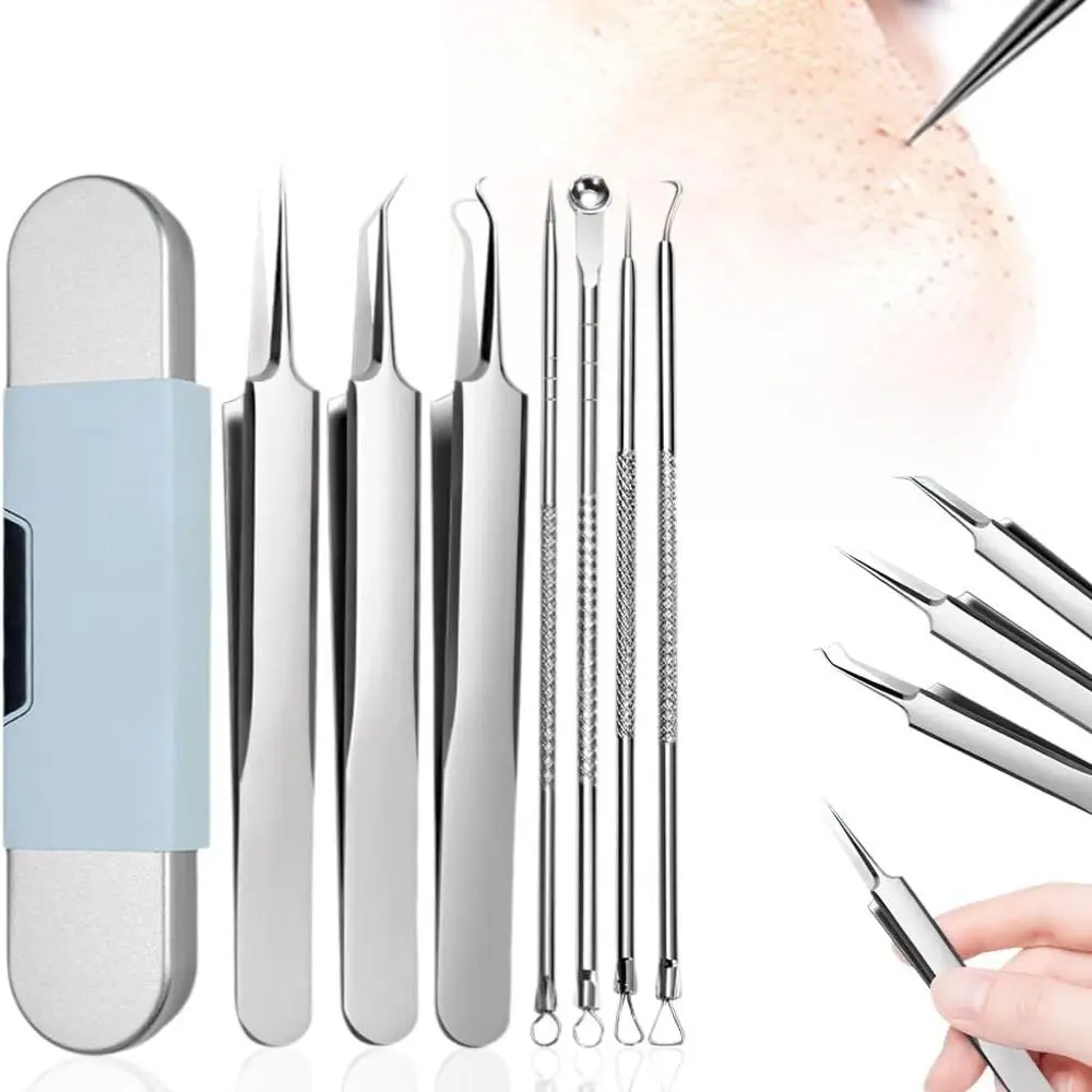 Kit d'outils professionnels en acier inoxydable pour enlever les points noirs du visage, pince à épiler, outils de soins du visage pour hommes et femmes, 7 pièces