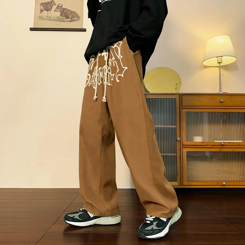 

High-quality Body Idle Lace-up Pants Men Foaming Process Letter Print Retro Tide Wind Straight Wide Leg Pants