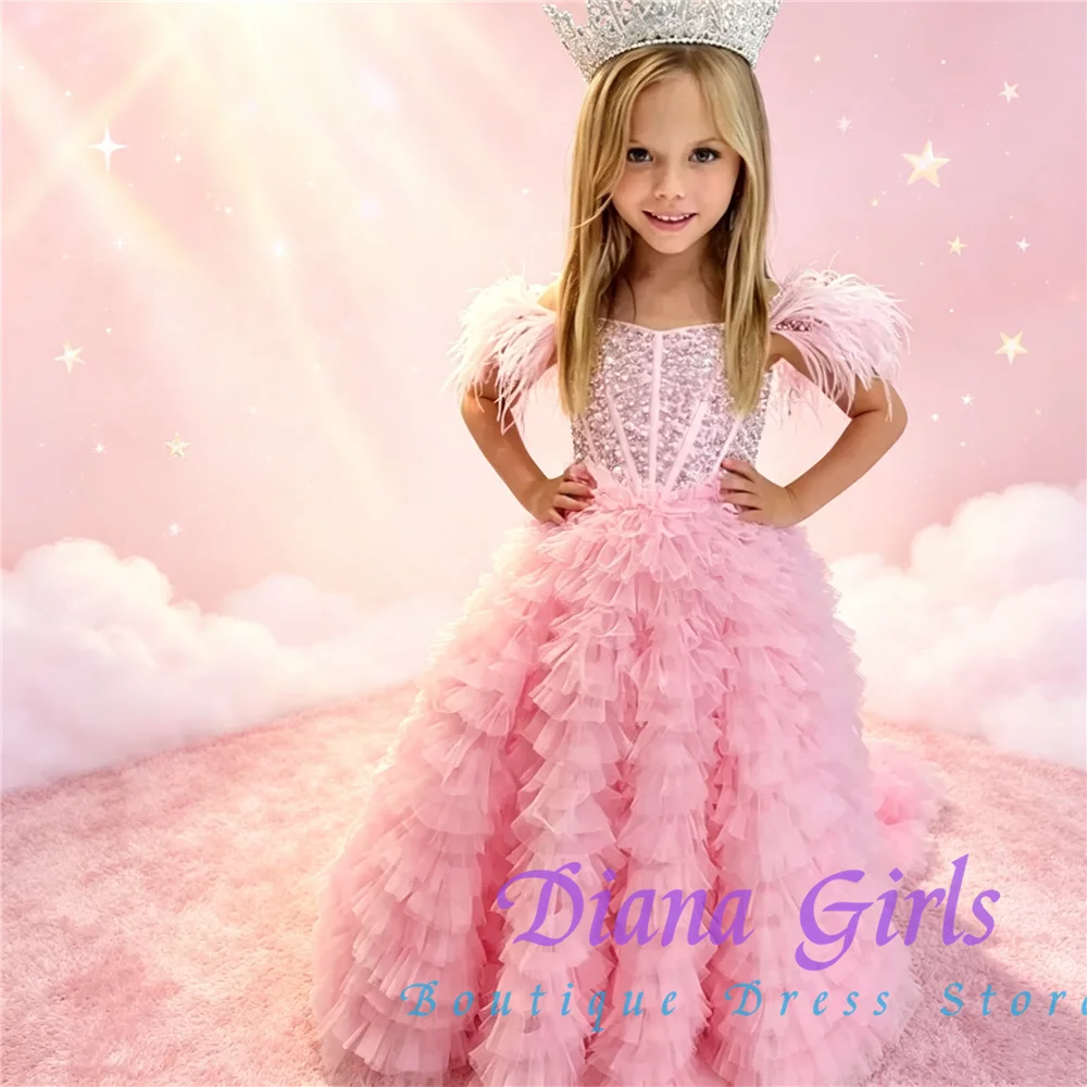 New Luxury Flower Girl Dress Pink Tulle Fluffy Advanced Layering Appliqués For Wedding Ball Kids Birthday Party Evening Gowns