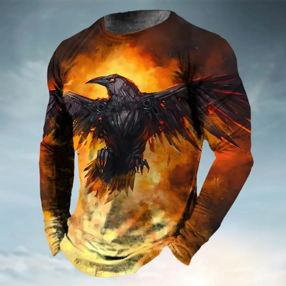 Vintage Long Sleeve Tshirts 3D Printed Animal Eagles Streetwear Loose Men Round Neck Street Harajuku Oversized TShirt Clothes