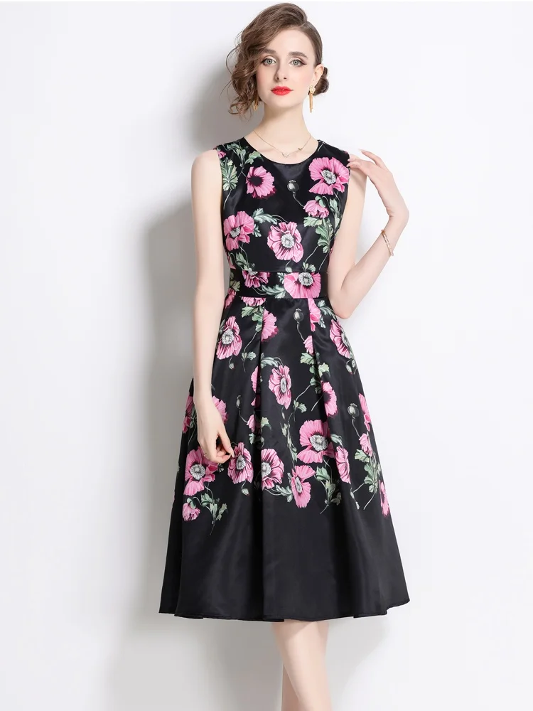 SMTHMA Nuove donne estive Stampa O-Collo senza maniche Abito lungo casual Moda Slim Fit Beach Party Abiti da sera