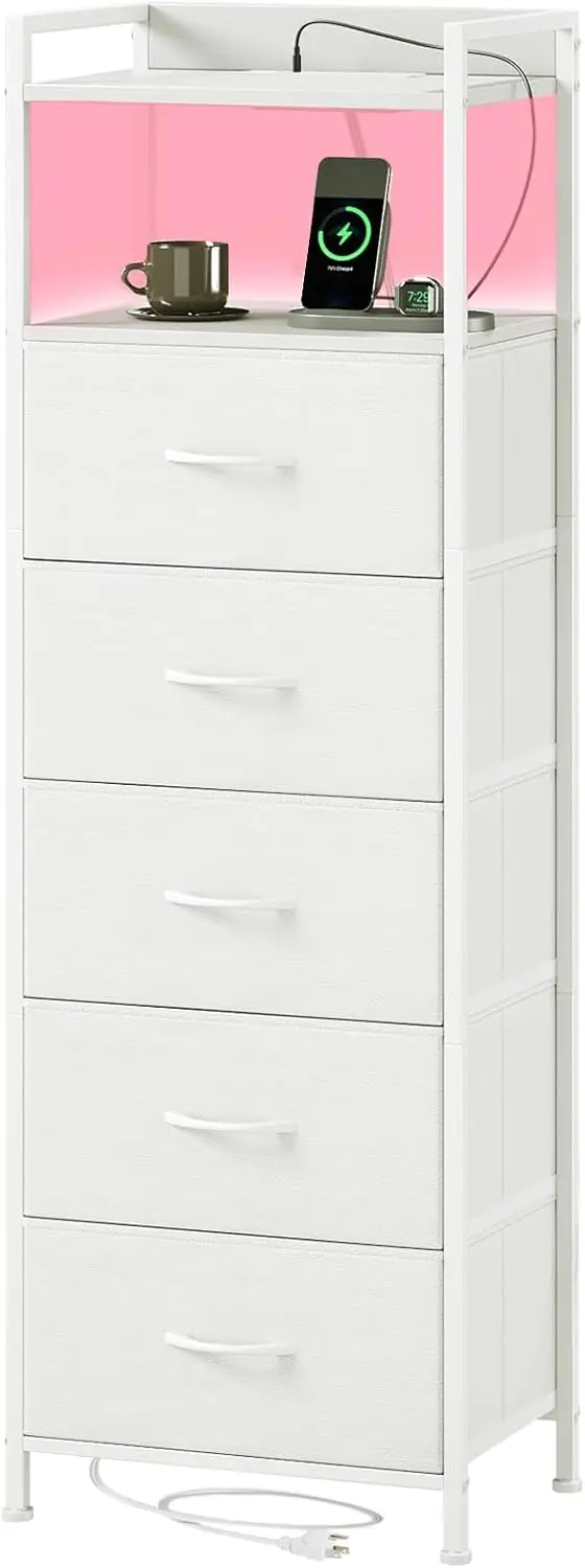 

White Nightstand With Charging Station And Led Light For Bedroom, Tall 5 Drawers Dresser With Fabric Bins For Bedside Kids Dorm