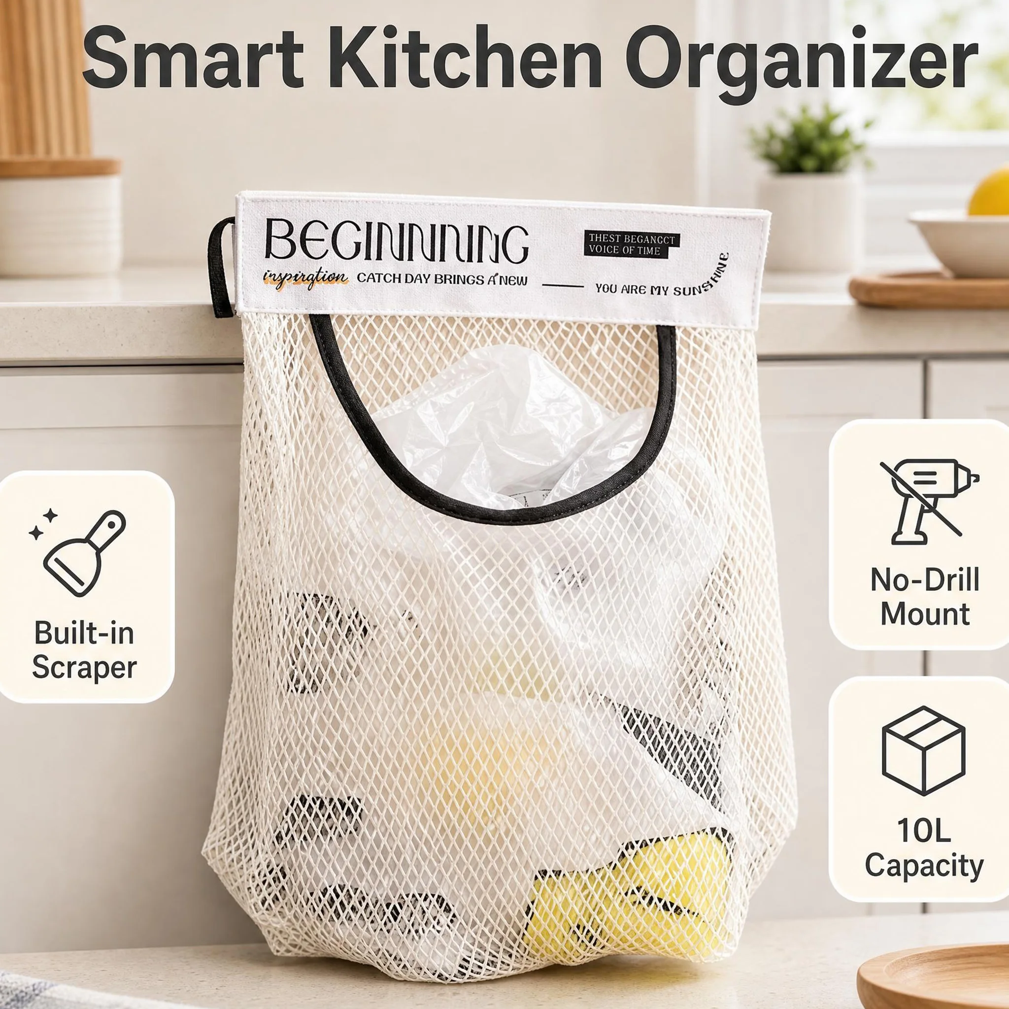 INS Style Mesh Storage Net Bag, Multi-Use Wall Hanging Kitchen Plastic Garbage Bag Dispenser, Socks & Underwear Organizer