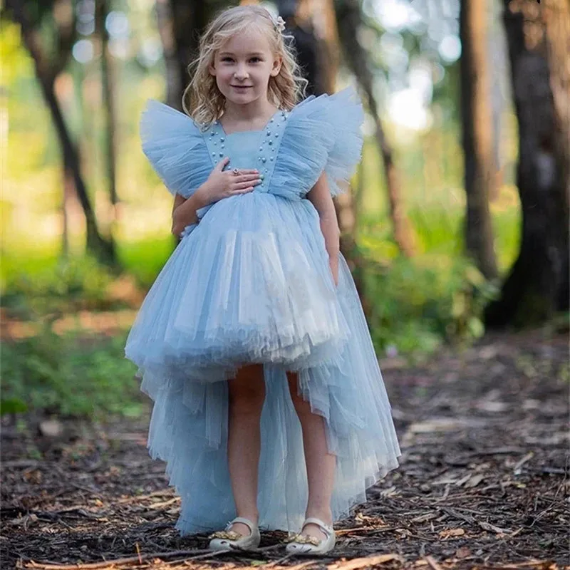 

Puffy Flower Girl Dress for Wedding Tiered Tulle Long Train Kid Birthday Party Gown First Communion Dress