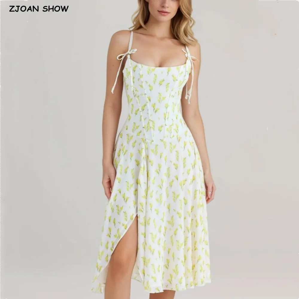 

2025 Sexy Light Lemon Yellow Floral Print Lacing up Sling Dress Retro French Style Women Hem Cross Slit Midi Long Dresses Robe