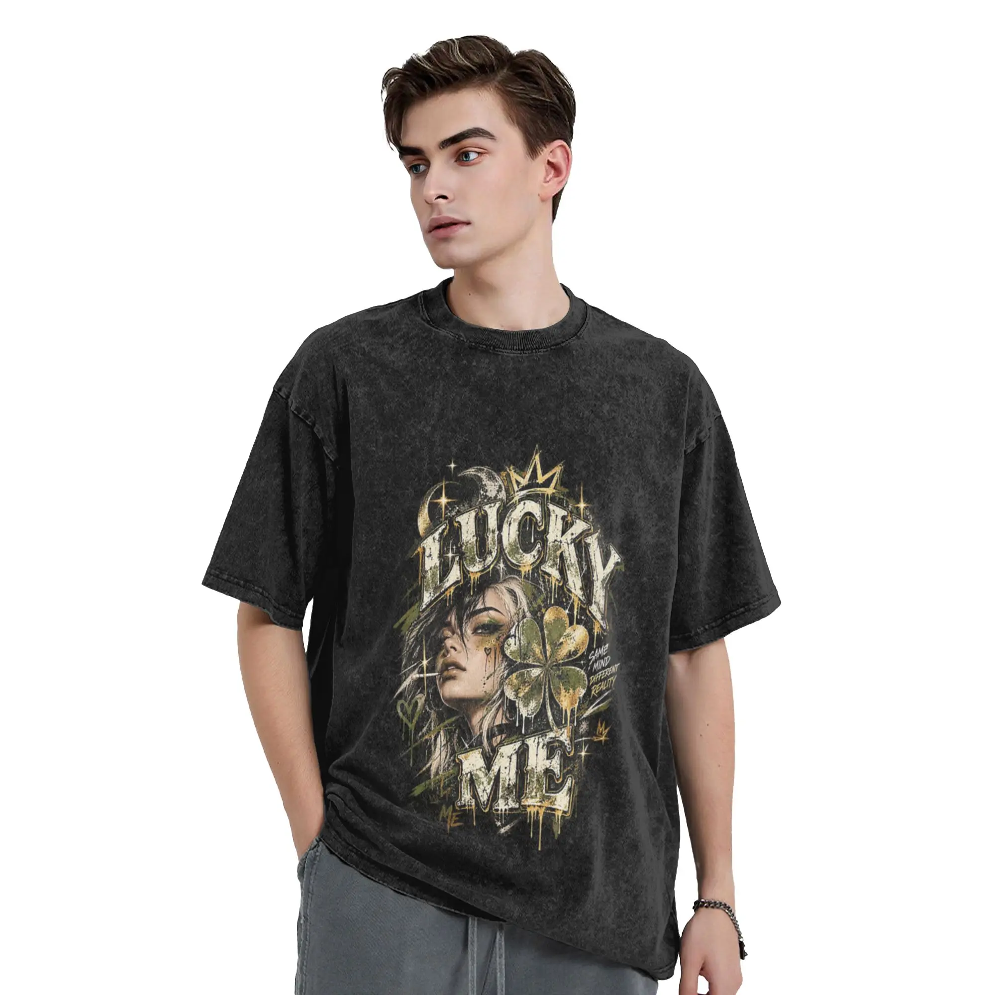 Lucky Me   Olive Gold Grunge Streetwear   PickMe Unique Chic A T-Shirt Oversized Short Sleeve Men's Women's Cotton Tees Tops