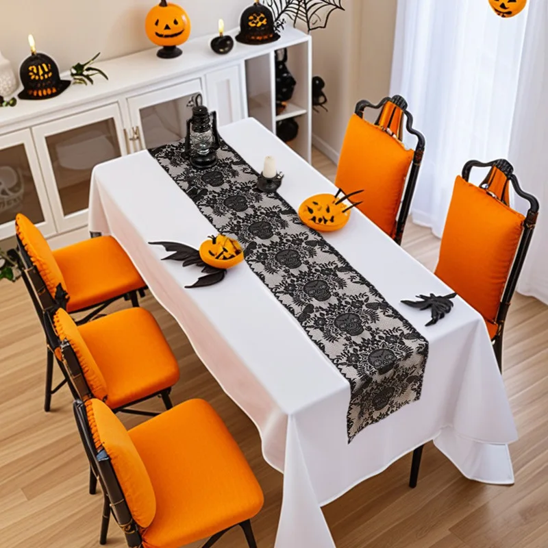 Black Lace Halloween Table Runner Skull Print Soft Fabric Gothic Party Decor Dining Table Decoration Home Kitchen Table Cloth