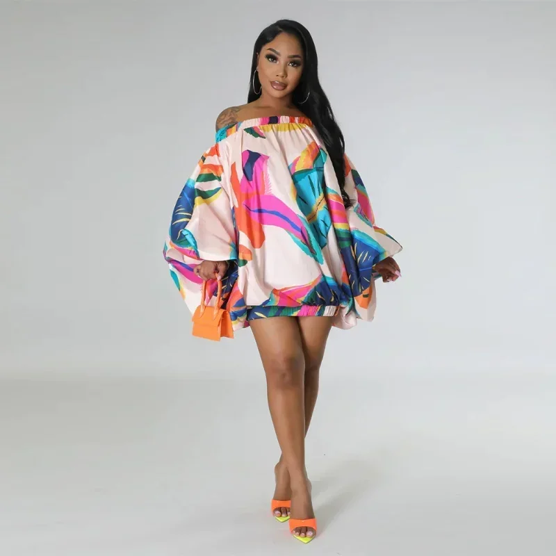 GUWU, moda, dobladillo elástico, hombros descubiertos, cuello barco, linterna, manga larga, vestido de baile estampado, vestido Vintage para mujer, Vestidos de verano