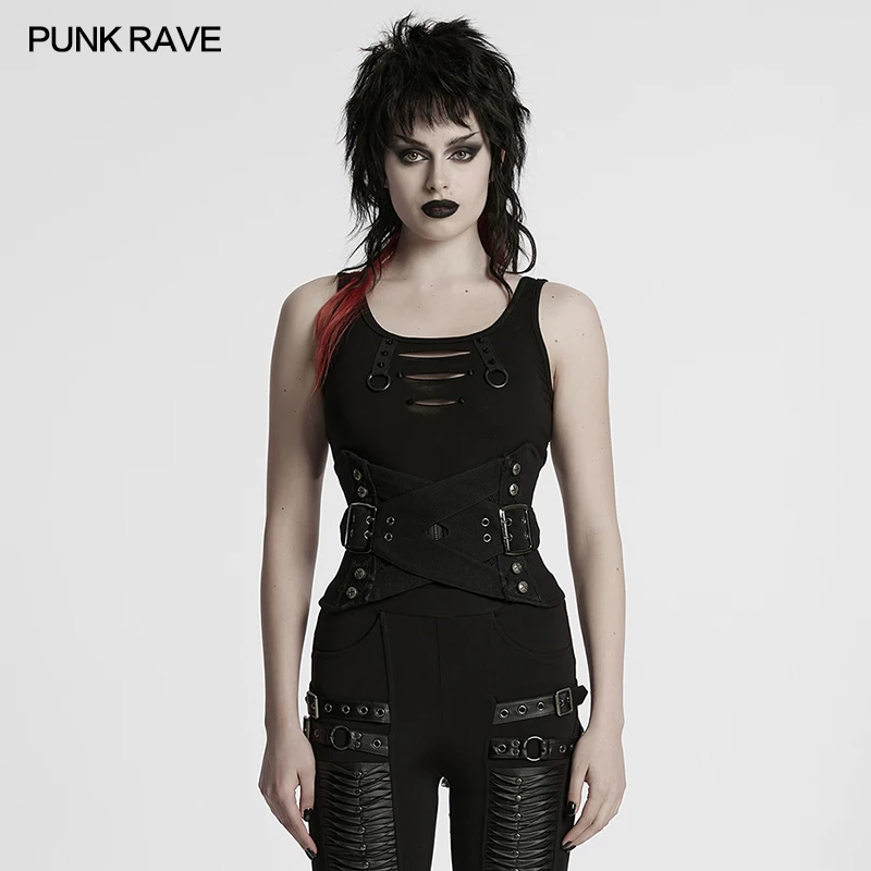PUNK RAVE 여성용 펑크 인터레이스 디자인 코르셋 맞춤형 금속 버클 및 스터드 장식 Cummerbunds 액세서리