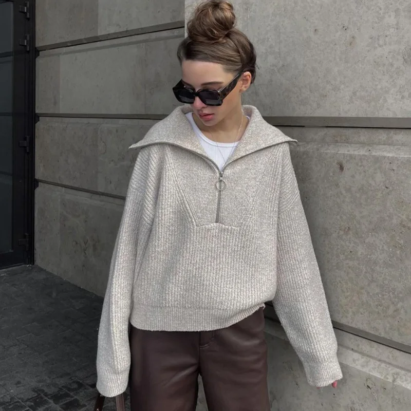 

Ticketsx Vintage Loose Knit Pullover Top Women Lapel Patchwork Zipper Sweater Fashion New Casual Streetwear Office Lady Pullover