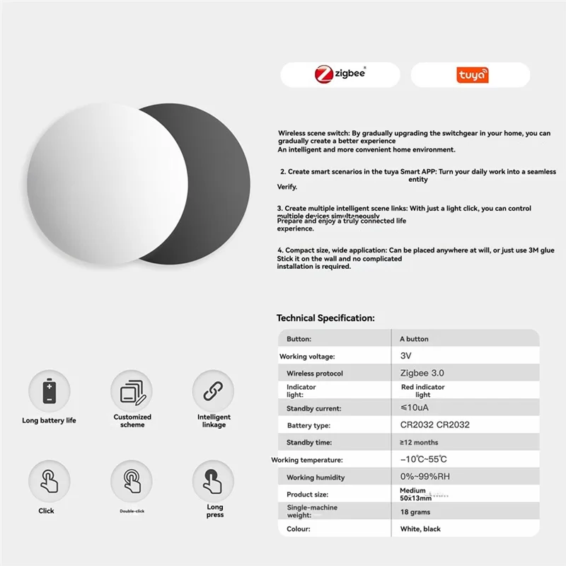 

Y45A-2PCS Tuya Zigbee Smart Knob Switch Wireless Scene Button Controller Battery Powered Automation With Smart Life App Scenario