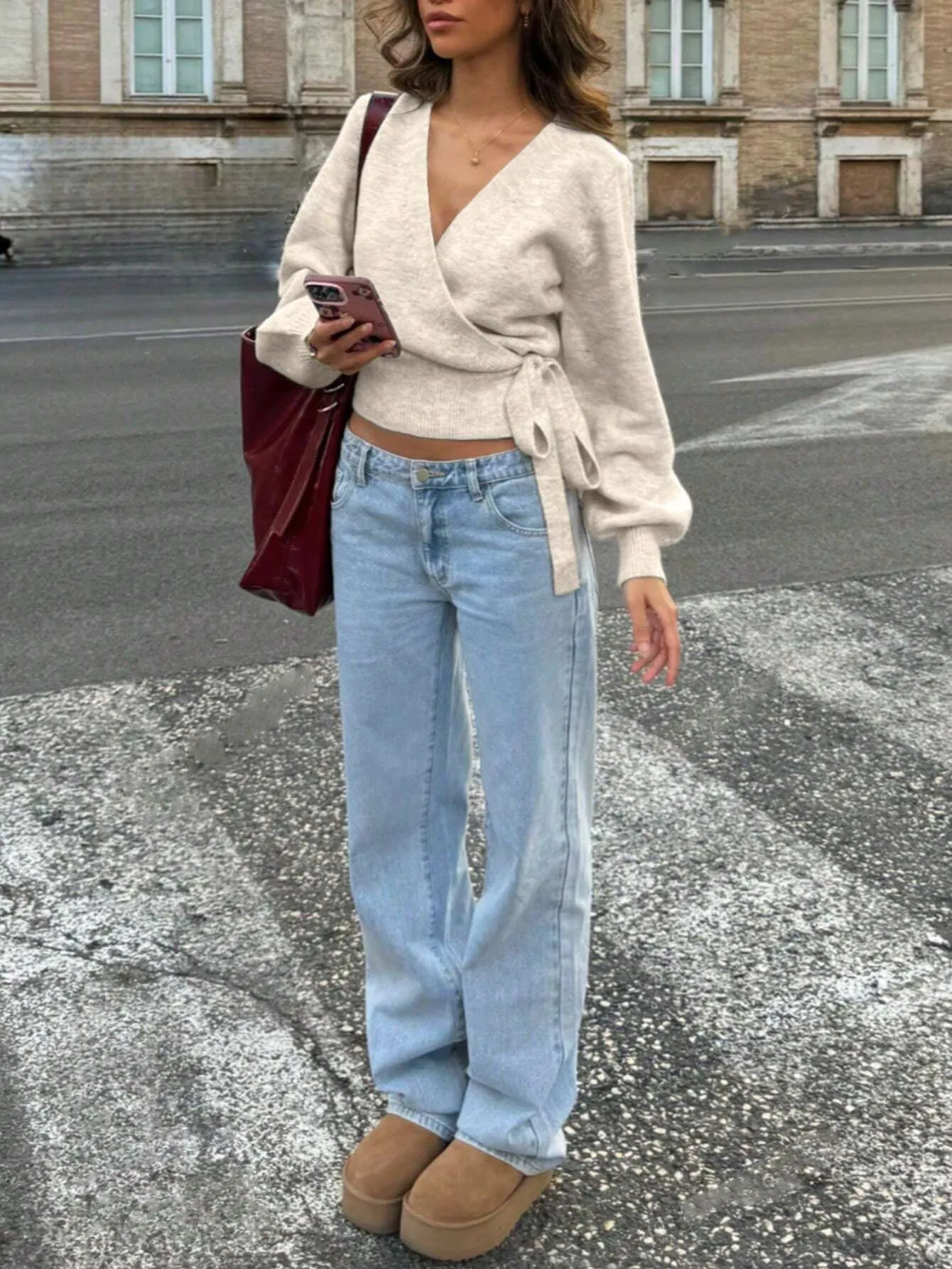Women Cross Wrap V Neck Knit Top Side Tie Long Sleeve Cropped Knitted Sweater Casual Pullover